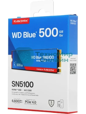 Накопитель SSD 500GB WD Blue SN5100, NVMe, M.2 2280, PCI-E 4x4 R/W - 5600/6600 Mb/s