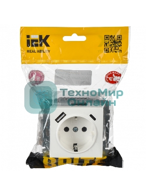 Розетка 1-местная IEK BRITE РЮш11-1-БрБ (BR-R14-16-U22-018-K01) с заземлением, с защитными шторками, 16А, с USB A+C 18 Вт, белый