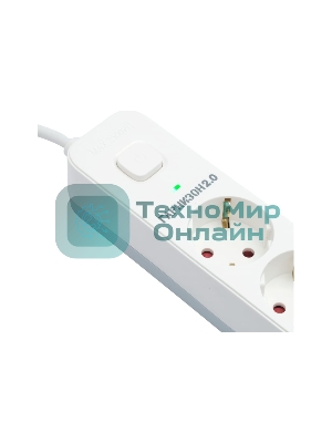 Сетевой фильтр Гарнизон EPS-5-W-2 5р, 2.0, 10А, 2 м, ур.защиты 2+, белый, пакет (21442)