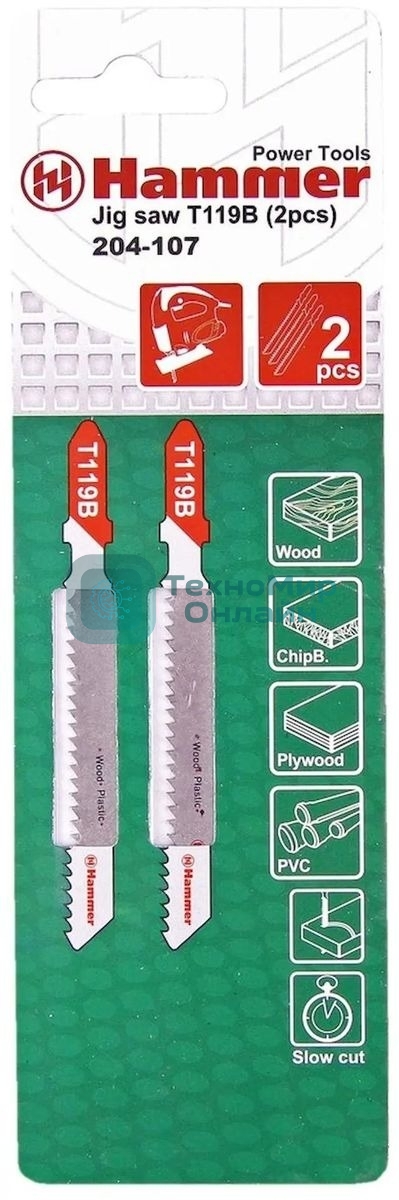 Пилка для лобзика Haммerflex 204-107 JG WD-PL T119B (2pcs) мягк.др\пл, 67мм, шаг 1.9-2.3, HCS, 2шт