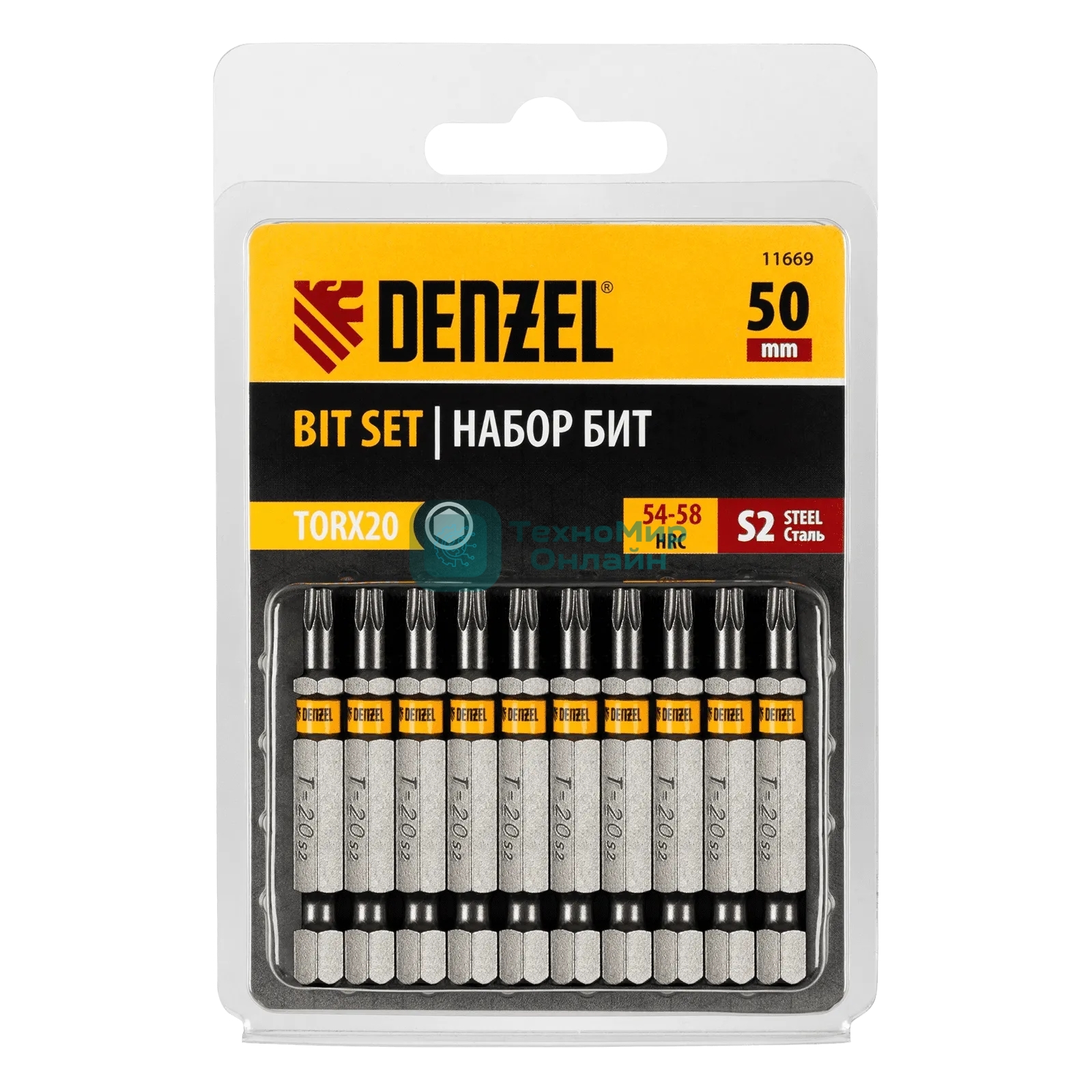 Набор бит Denzel TORX 20х50, сталь S2, шестигранный профиль, 10 шт.