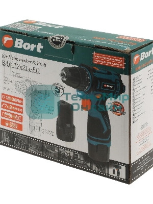 Дрель-шуруповерт Bort BAB-12x2Li-FD, 12 В, 1,5 Ач, 36 Нм, щеточный