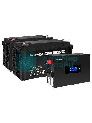 Комплект Источник бесперебойного питания EX295994RUS + батарея 120Aч EX282988RUS 2шт (инвертор, синус, для котла, PF=1, настенный) ExeGate IdealSine SR-1500.LCD.2SH  <1500VA/1500W, чистая синусоида, цветной LCD-дисплей, 2*Schuko, крепление настенное, черный> + батарея ExeGate DT 12120 (12В, 120Ач) 2шт