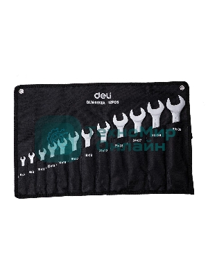 Набор двусторонних гаечных ключей 12 шт Deli DL160012A Спецификация: 6x7мм, 8x9мм, 10x11мм, 12x13мм, 14x15мм, 16x17мм, 18x19мм, 20x22мм, 21x23мм, 24x27мм, 25x28мм, 30x32мм. Матовая хромированная поверхность. Тканевая упаковка.
