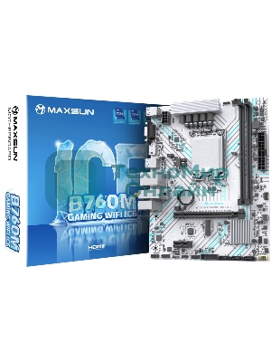 Материнская плата Maxsun B760M GAMING WIFI ICE, LGA 1700, Intel B760, 2xDDR4, 3xSATA, 1xM.2, 1xPCIe 4.0 x16, 1xPCIe x1, 1xVGA, 1xHDMI, 1x1Gb LAN, Wi-Fi 5, Bluetooth 4.2, 2xUSB-A 5Gbps, 4xUSB-A 2.0, 3x3.5 мм, 7.1, белый, mATX