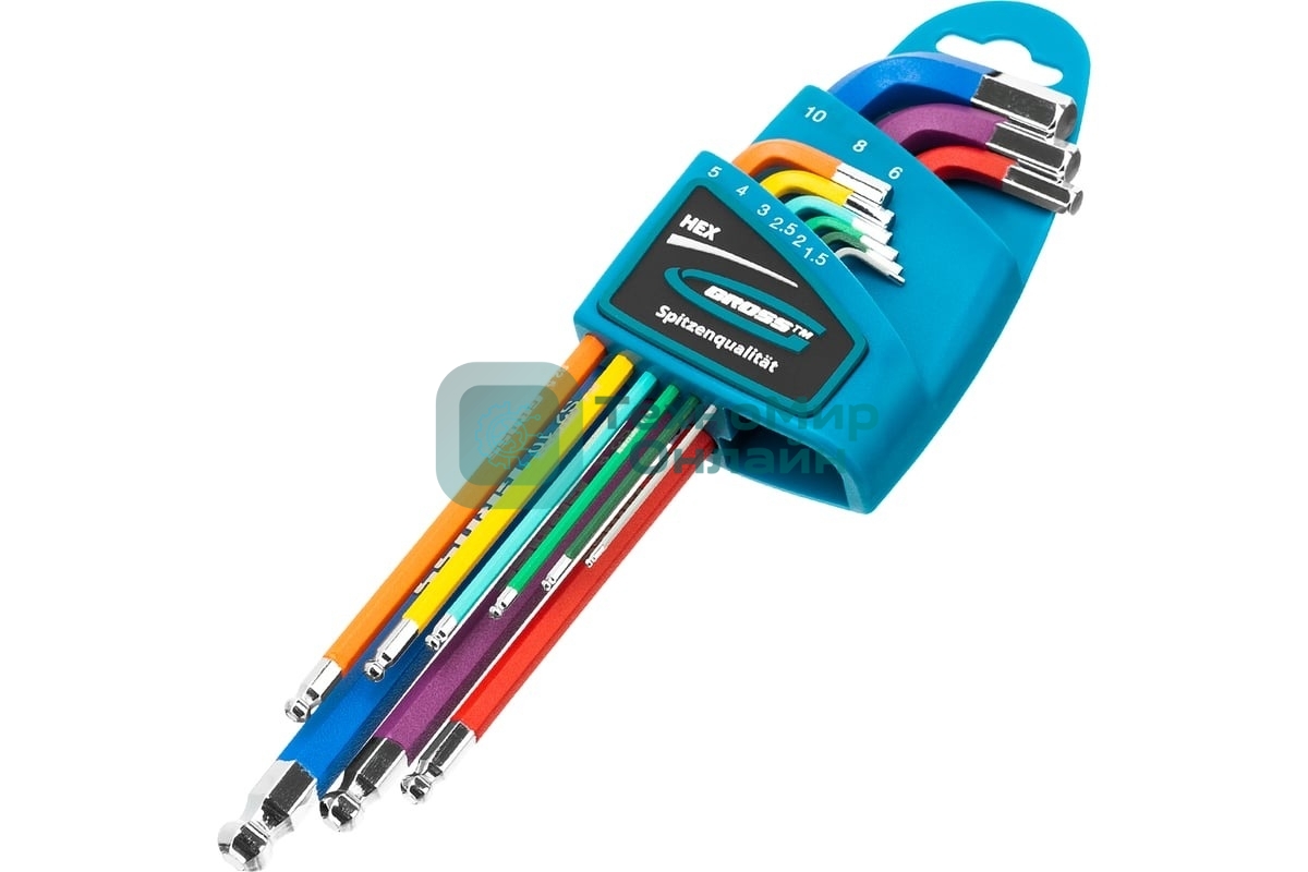 Набор ключей Gross 16400 имбусовых hex 1.5–10мм s2 9шт магнит экстра-длин. с шаром хром/краска