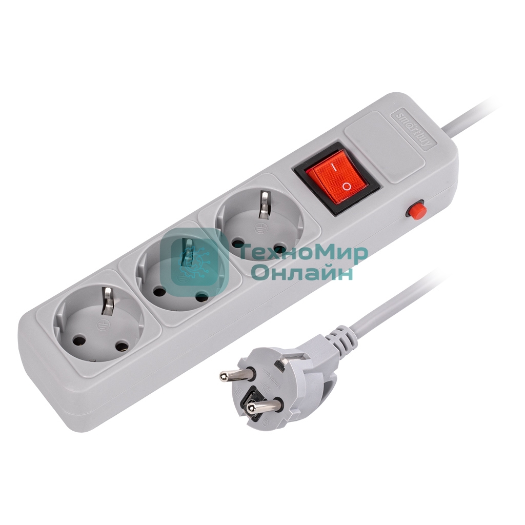 Сетевой фильтр 16А, 3500 Вт, 3 гнезда, без з/ш, с з/к, ПВС 3x1.0, 1,8 м, серый (SBSP-3-18-G)