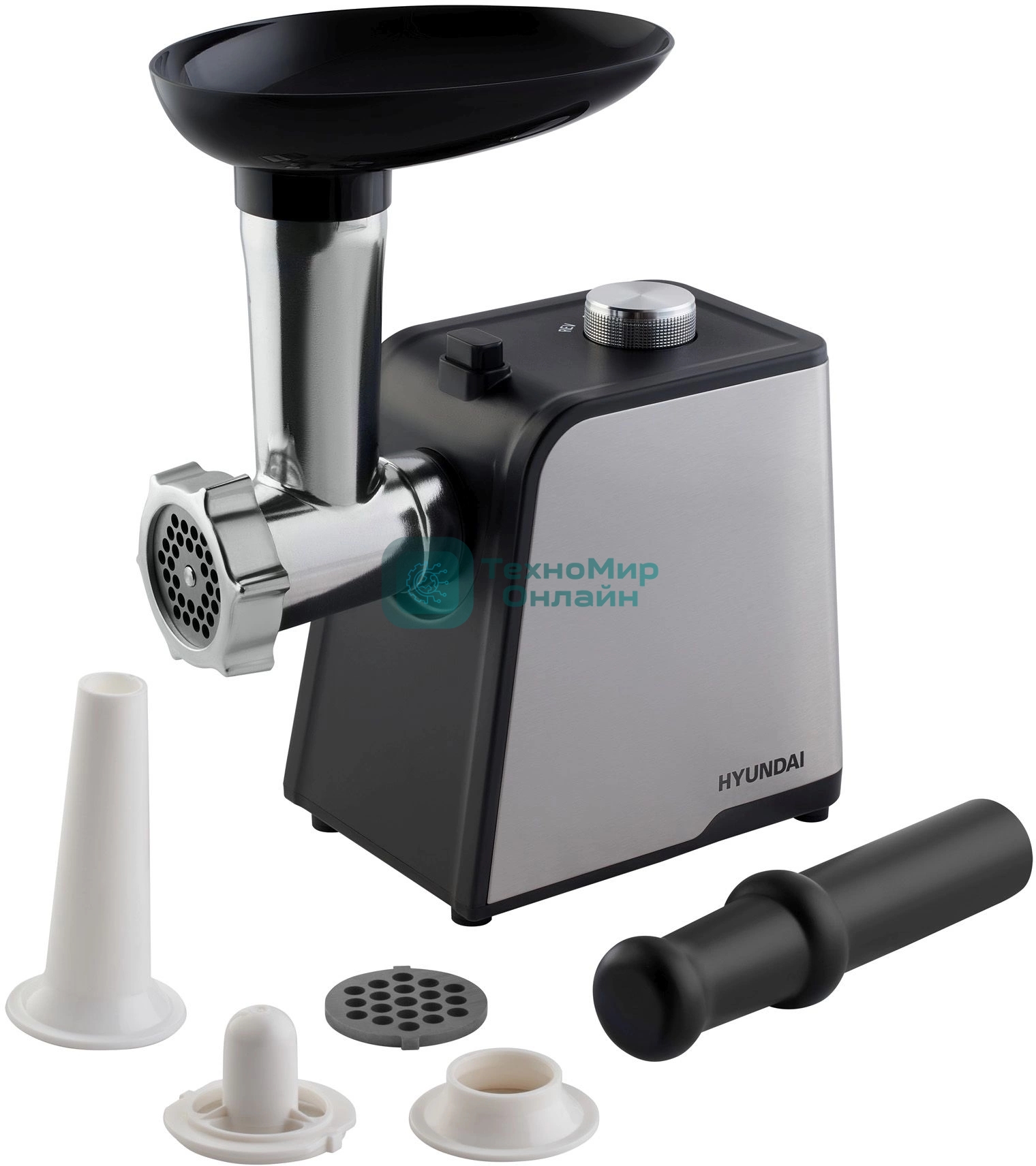 Мясорубка электрическая Hyundai HY-MG2214 серый, 1800 Вт, 2.2 кг/мин, реверс, защита от перегрузки, насадки - 4