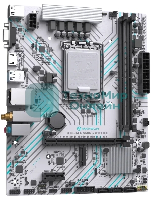 Материнская плата Maxsun B760M GAMING WIFI ICE, LGA 1700, Intel B760, 2xDDR4, 3xSATA, 1xM.2, 1xPCIe 4.0 x16, 1xPCIe x1, 1xVGA, 1xHDMI, 1x1Gb LAN, Wi-Fi 5, Bluetooth 4.2, 2xUSB-A 5Gbps, 4xUSB-A 2.0, 3x3.5 мм, 7.1, белый, mATX