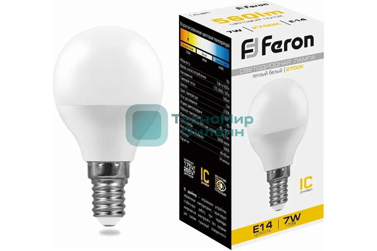Лампа светодиодная Feron LB-95 7W 230V E14 2700K G45