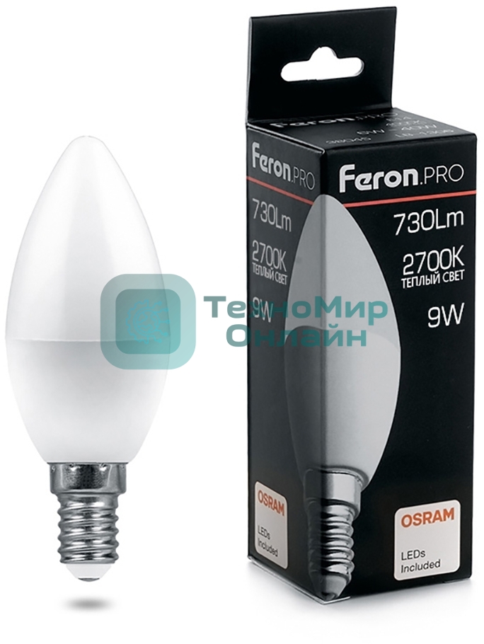 Лампа светодиодная Feron PRO LB-1309 9Вт Е14 теплый матовая свеча