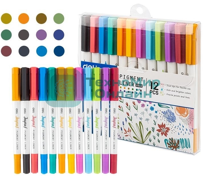 Набор ручек капиллярных Deli Inspira (EU302), d=0.5мм, ассорти чернила, игловидный пишущий наконечник, линия 1.0мм, 12 цветов