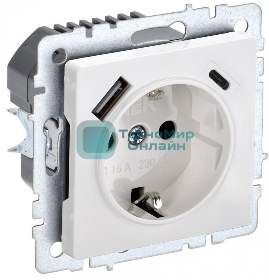 Розетка 1-местная IEK BRITE РЮш11-1-БрБ (BR-R14-16-U22-018-K01) с заземлением, с защитными шторками, 16А, с USB A+C 18 Вт, белый