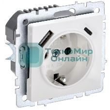 Розетка 1-местная IEK BRITE РЮш11-1-БрБ (BR-R14-16-U22-018-K01) с заземлением, с защитными шторками, 16А, с USB A+C 18 Вт, белый
