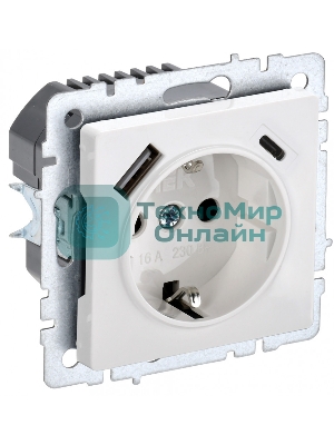 Розетка 1-местная IEK BRITE РЮш11-1-БрБ (BR-R14-16-U22-018-K01) с заземлением, с защитными шторками, 16А, с USB A+C 18 Вт, белый