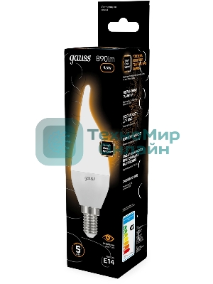 Лампа светодиодная Gauss 9.5Вт цок.:E14 свеча 220B св.свеч.бел.теп. (упак.:10шт) (104101110)