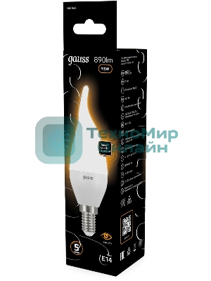 Лампа светодиодная Gauss 9.5Вт цок.:E14 свеча 220B св.свеч.бел.теп. (упак.:10шт) (104101110)