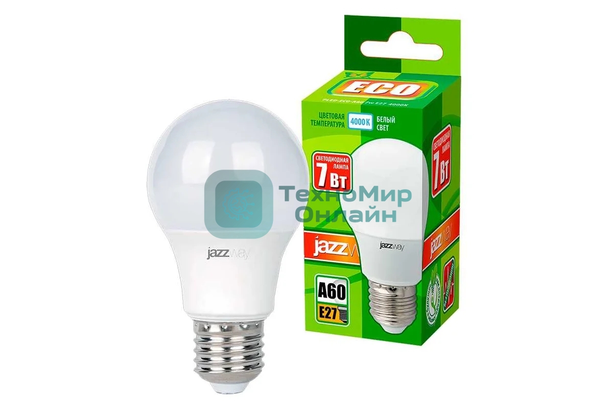 Лампа светодиодная JazzWay LED 7Вт Е27 220В 4000К PLED- ECO- A60 груша 1033185