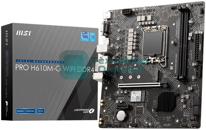 Материнская плата MSI PRO H610M-G WIFI DDR4, Socket LGA 1700, Intel H610, 2xDDR4, 4xSATA, 1xM.2, 1xPCIe 4.0 x16, 1xPCIe 3.0 x1, 1xHDMI, 1xDP, 1xVGA, 1x 1Gb LAN, 4xUSB-A 2.0, 2xUSB-A 5Gbps, 3x3.5 мм, 7.1, mATX