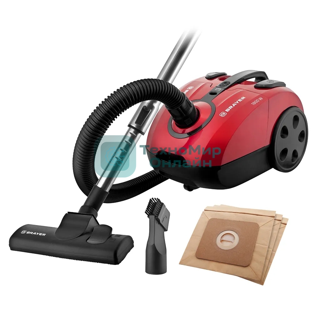 Пылесос BRAYER BR4223 черный/красный, 380/1800 Вт, уборка сухая, пылесборник мешок 2.5 л