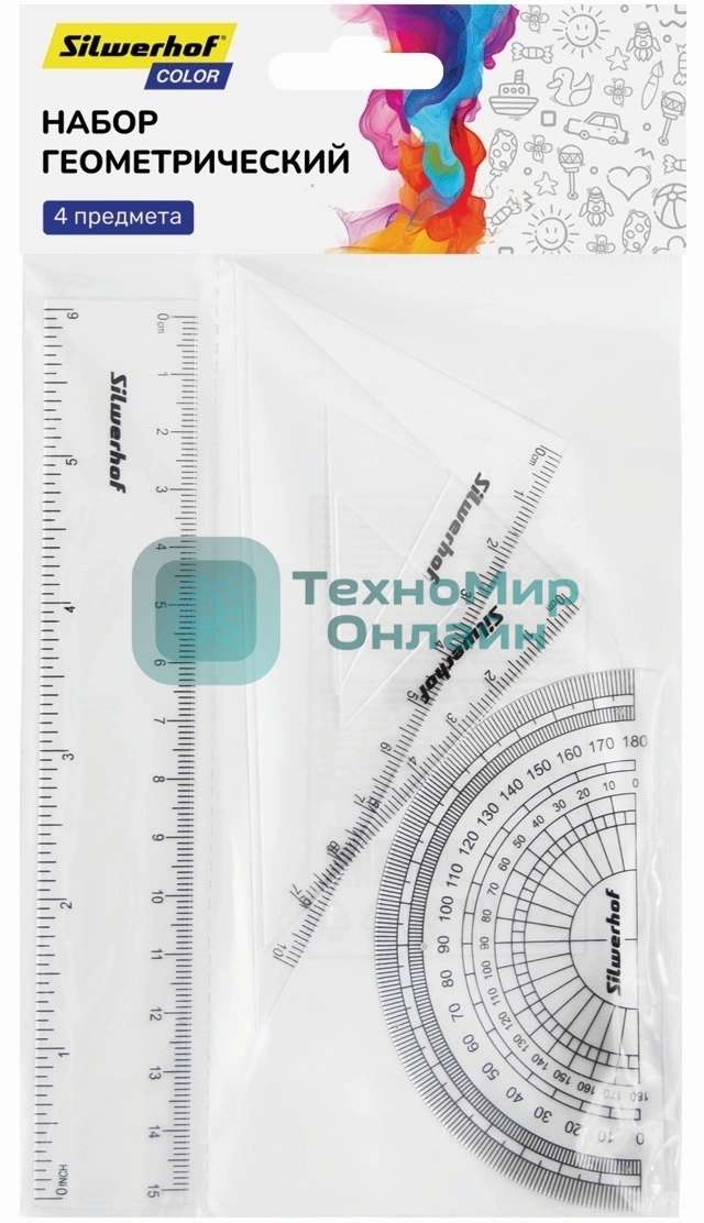 Набор линеек Silwerhof Color, пластик, прозрачный, в комплекте: линейка 15 см/угольник 30х11 см/угольник 45х8 см/транспортир 180