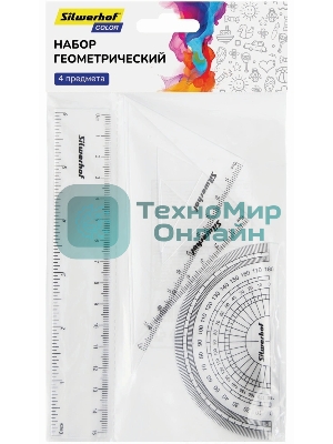Набор линеек Silwerhof Color, пластик, прозрачный, в комплекте: линейка 15 см/угольник 30х11 см/угольник 45х8 см/транспортир 180