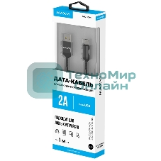 Кабель Maxvi MC-10M black, USB-A - microUSB, 2A ток макс. нагрузки 2А, макс. напряжение 5V; стандарт USB 2.0; длина 1м, нейлоновая оплетка, металлические корпуса разъемов, цвет черный