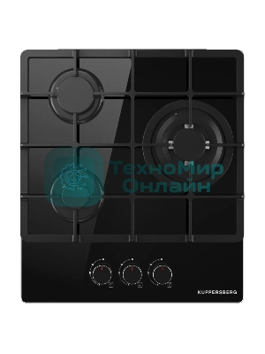 Варочная поверхность Kuppersberg FG 40 B, газ, High-Tech, 45 см, автоматический электроподжиг, газ-контроль, SABAF конфорки, чугунные решетки, WOK конфорка, цвет черное стекло, цвет фурнитуры черный