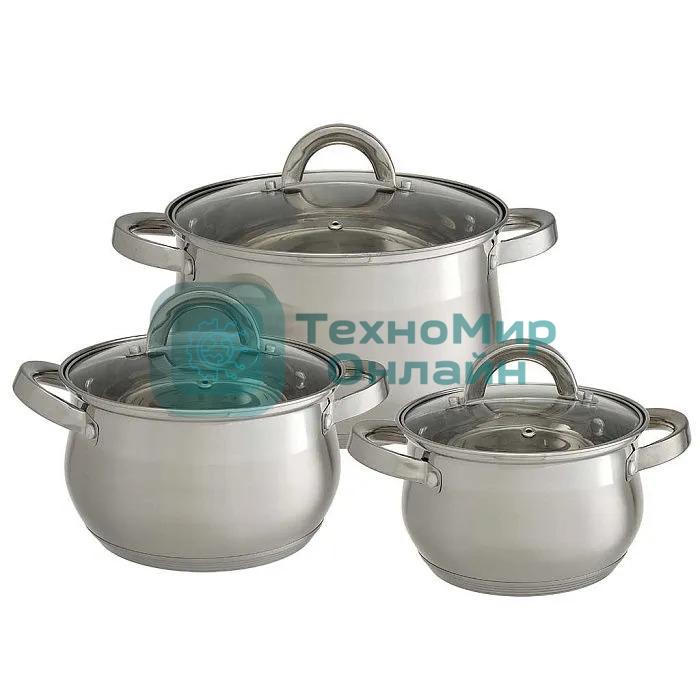 Набор посуды WEBBER BE-616/6 из нерж.стали 6 пр. 2,1 л, 2,9 л, 3,9 л со стеклянными крышками В наборе 6 предметов: кастрюля со стеклянной крышкой 16х10,5 см; 2,1 л кастрюля со стеклянной крышкой 18х11,5 см; 2,9 л кастрюля со стеклянной крышкой 20х12,5см; 3,9л Толщина стали 0,5 мм