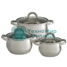Набор посуды WEBBER BE-616/6 из нерж.стали 6 пр. 2,1 л, 2,9 л, 3,9 л со стеклянными крышками В наборе 6 предметов: кастрюля со стеклянной крышкой 16х10,5 см; 2,1 л кастрюля со стеклянной крышкой 18х11,5 см; 2,9 л кастрюля со стеклянной крышкой 20х12,5см; 3,9л Толщина стали 0,5 мм