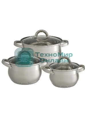 Набор посуды WEBBER BE-616/6 из нерж.стали 6 пр. 2,1 л, 2,9 л, 3,9 л со стеклянными крышками В наборе 6 предметов: кастрюля со стеклянной крышкой 16х10,5 см; 2,1 л кастрюля со стеклянной крышкой 18х11,5 см; 2,9 л кастрюля со стеклянной крышкой 20х12,5см; 3,9л Толщина стали 0,5 мм
