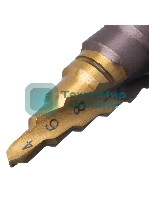 Сверло ступенчатое Denzel 4-6-8-10-12-14-16-18-20 мм, Р6М5К5, 6-гр. хвостовик 723613