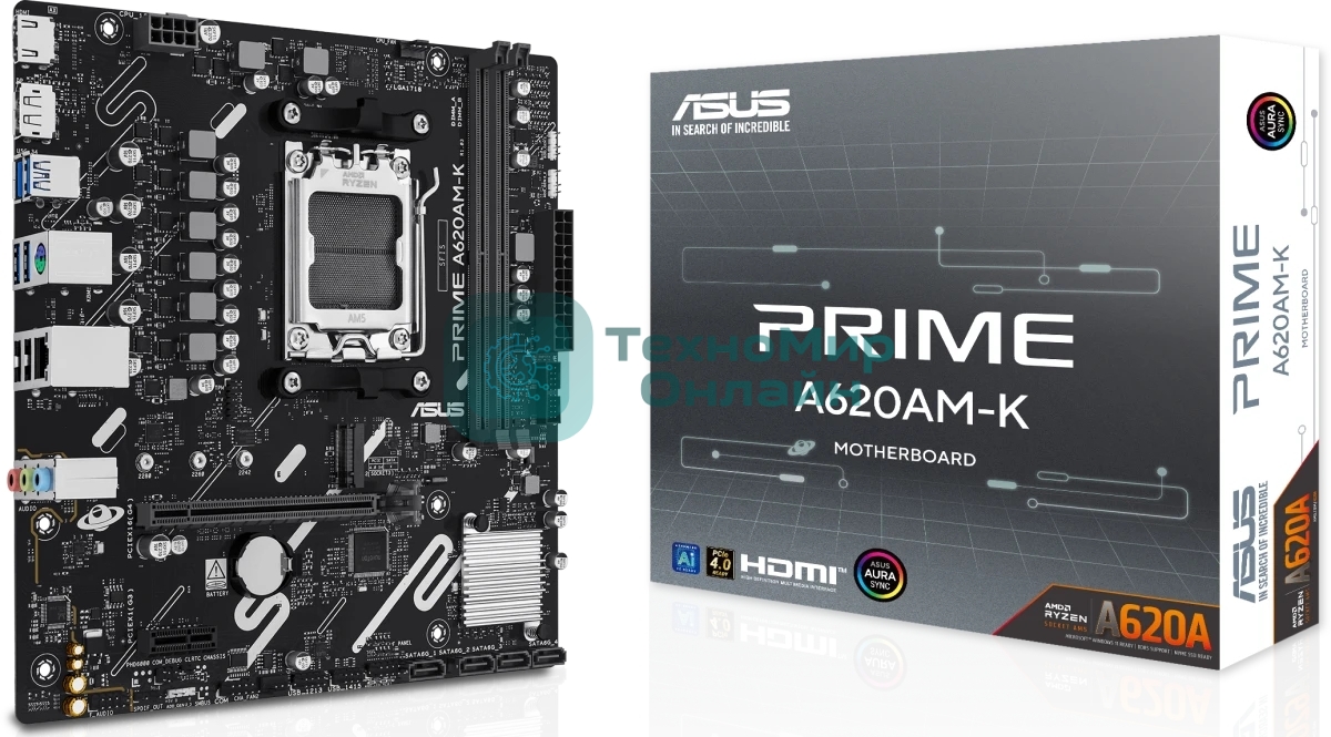 Материнская плата ASUS PRIME A620M-K, AM5, AMD A620, 2xDDR5, 4xSATA, 1xM.2, 1xPCIe 4.0 x16, 1xPCIe 3.0 x1, 1xHDMI, 1xDP, 1x1Gb LAN, 4xUSB-A 5Gbps, 2xUSB-A 2.0, 3x3.5 мм, 7.1, mATX