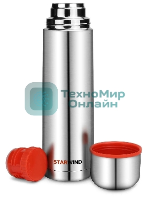 Термос Starwind 10-1000 1 л. серебристый/красный, картонная коробка