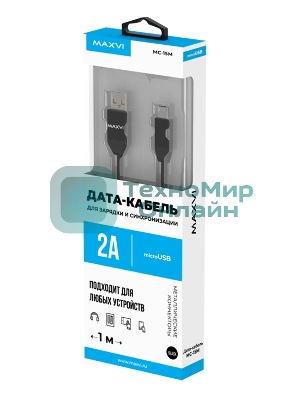 Кабель Maxvi MC-15M black, USB-A - microUSB, 2A ток макс. нагрузки 2А, макс. напряжение 5V; стандарт USB 2.0; плоский кабель, длина 1м, оплетка TPE, металлические корпуса разъемов, цвет черный