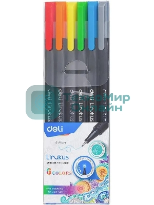 Набор ручек капиллярных Deli Linkus (EQ900-06), d=0.45мм, ассорти чернила, игловидный пишущий наконечник, линия 0.45мм, 6 цветов