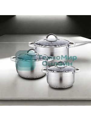 Набор посуды WEBBER BE-616/6 из нерж.стали 6 пр. 2,1 л, 2,9 л, 3,9 л со стеклянными крышками В наборе 6 предметов: кастрюля со стеклянной крышкой 16х10,5 см; 2,1 л кастрюля со стеклянной крышкой 18х11,5 см; 2,9 л кастрюля со стеклянной крышкой 20х12,5см; 3,9л Толщина стали 0,5 мм