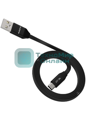Кабель Maxvi MC-15T black, USB-A - Type-C, 2A ток макс. нагрузки 2А, макс. напряжение 5V; стандарт USB 2.0; плоский кабель, длина 1м, оплетка TPE, металлические корпуса разъемов, цвет черный