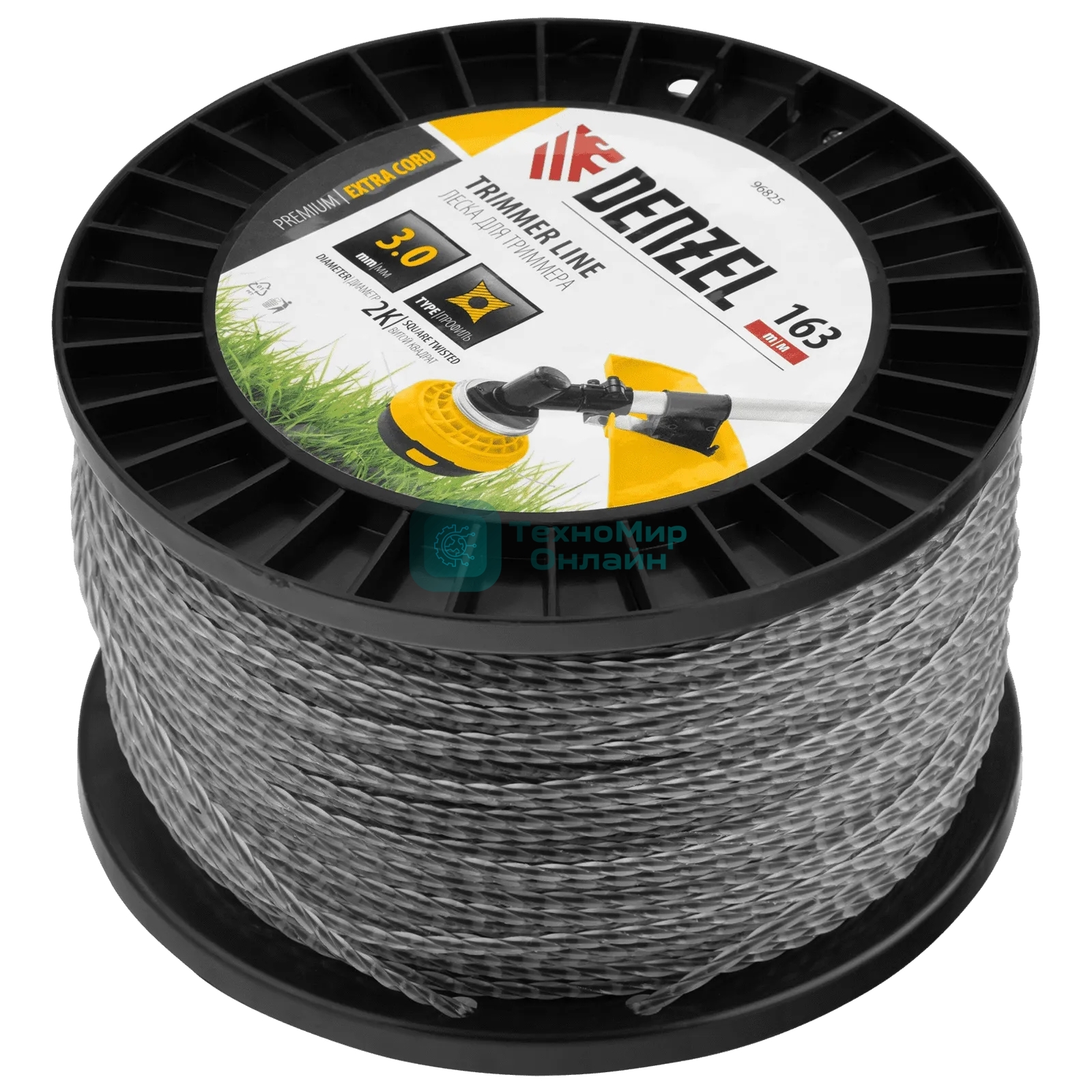 Леска для триммера Denzel двухкомпонентная витой квадрат, 3,0мм х 163м, на DIN катушке EXTRA CORD