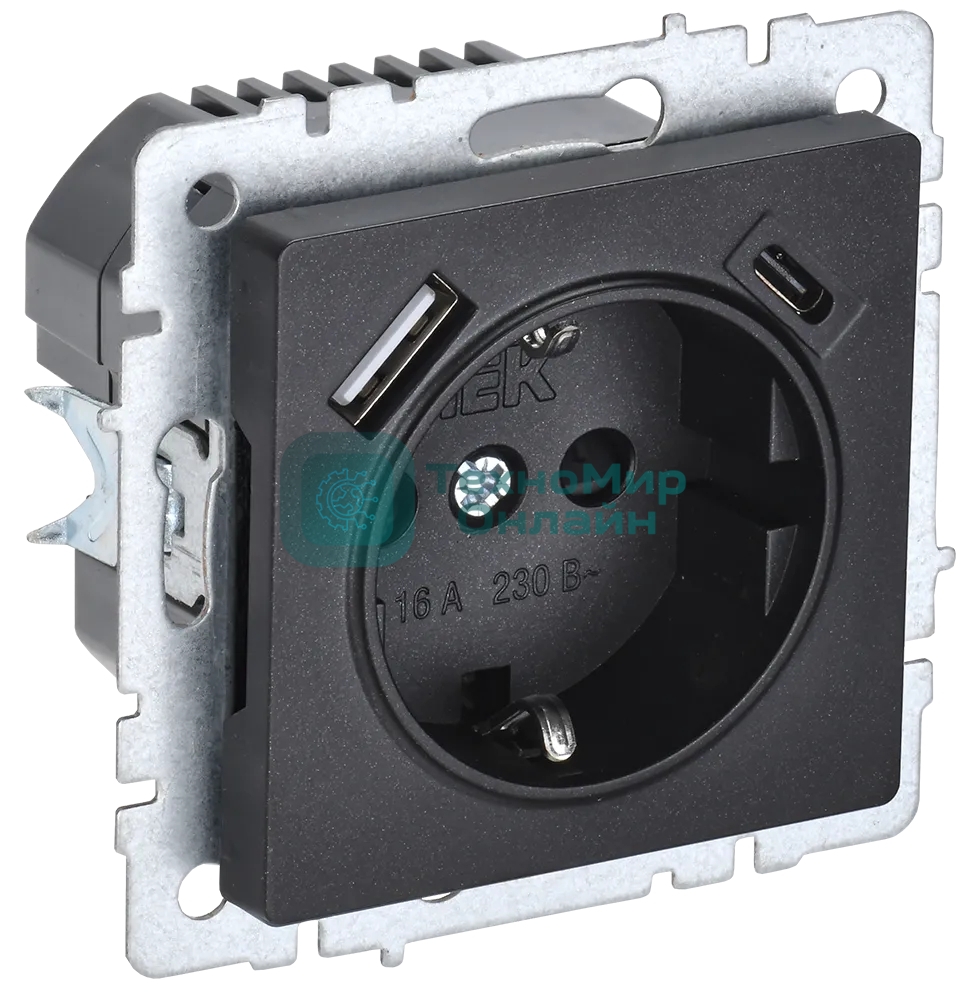 Розетка 1-местная IEK BRITE РЮш11-1-БрЧ (BR-R14-16-U22-018-K02) с заземлением, с защитными шторками, 16А, с USB A+C 18В т, черный