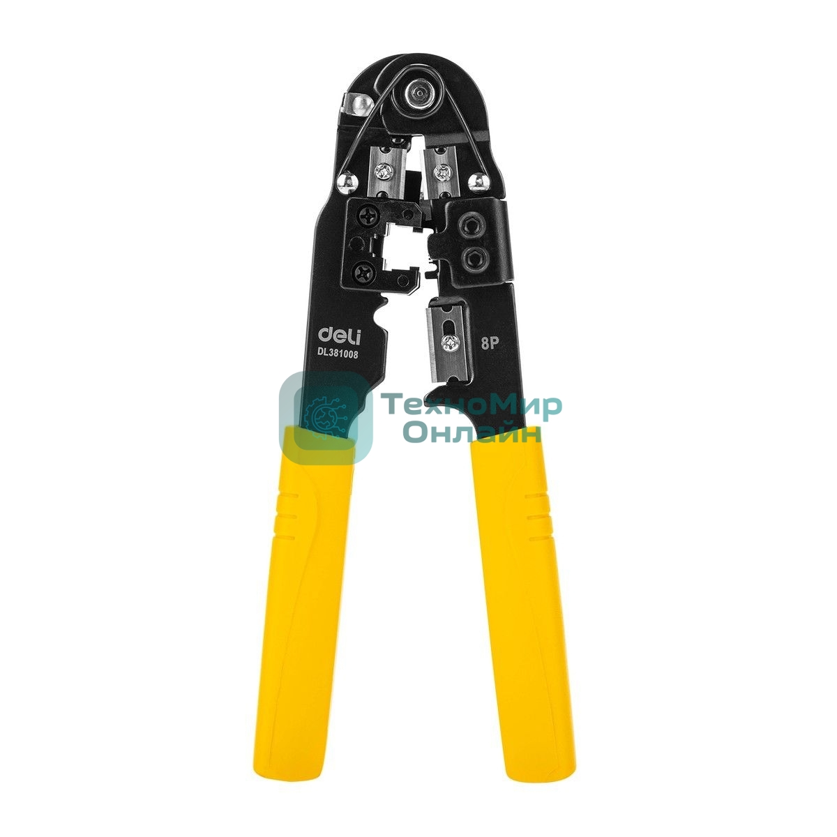 Обжимные клещи Deli DL381008 RJ45 Размер: 205мм. Спецификация обжима: 8P. Холоднокатаный стальной лист с черной отделкой, ручка из ПВХ. Лезвие SK5. Инструмент для зачистки проводов, кусачки и обжимной инструмент 3-в-1.