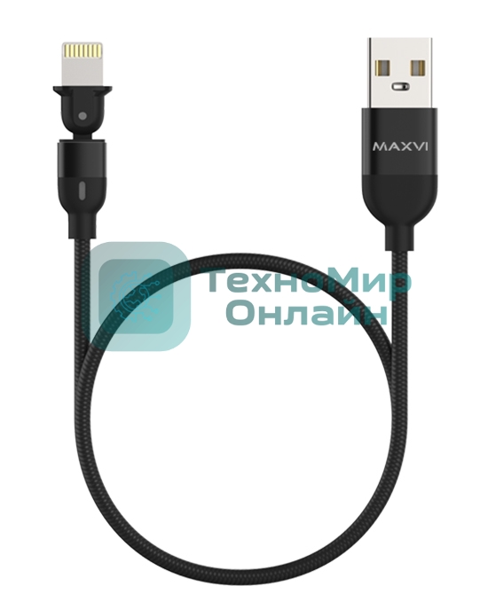 Кабель Maxvi MC-19L black, USB-A - Lightning, 2.4A, LED ток макс. нагрузки 2.4А, макс. напряжение 5V; стандарт USB 2.0; длина кабеля 1.5м, нейлоновая оплетка, металлические корпуса разъемов,LED подсветка, цвет: черный