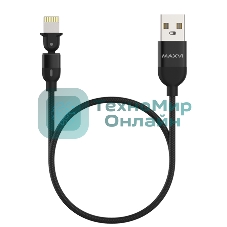 Кабель Maxvi MC-19L black, USB-A - Lightning, 2.4A, LED ток макс. нагрузки 2.4А, макс. напряжение 5V; стандарт USB 2.0; длина кабеля 1.5м, нейлоновая оплетка, металлические корпуса разъемов,LED подсветка, цвет: черный