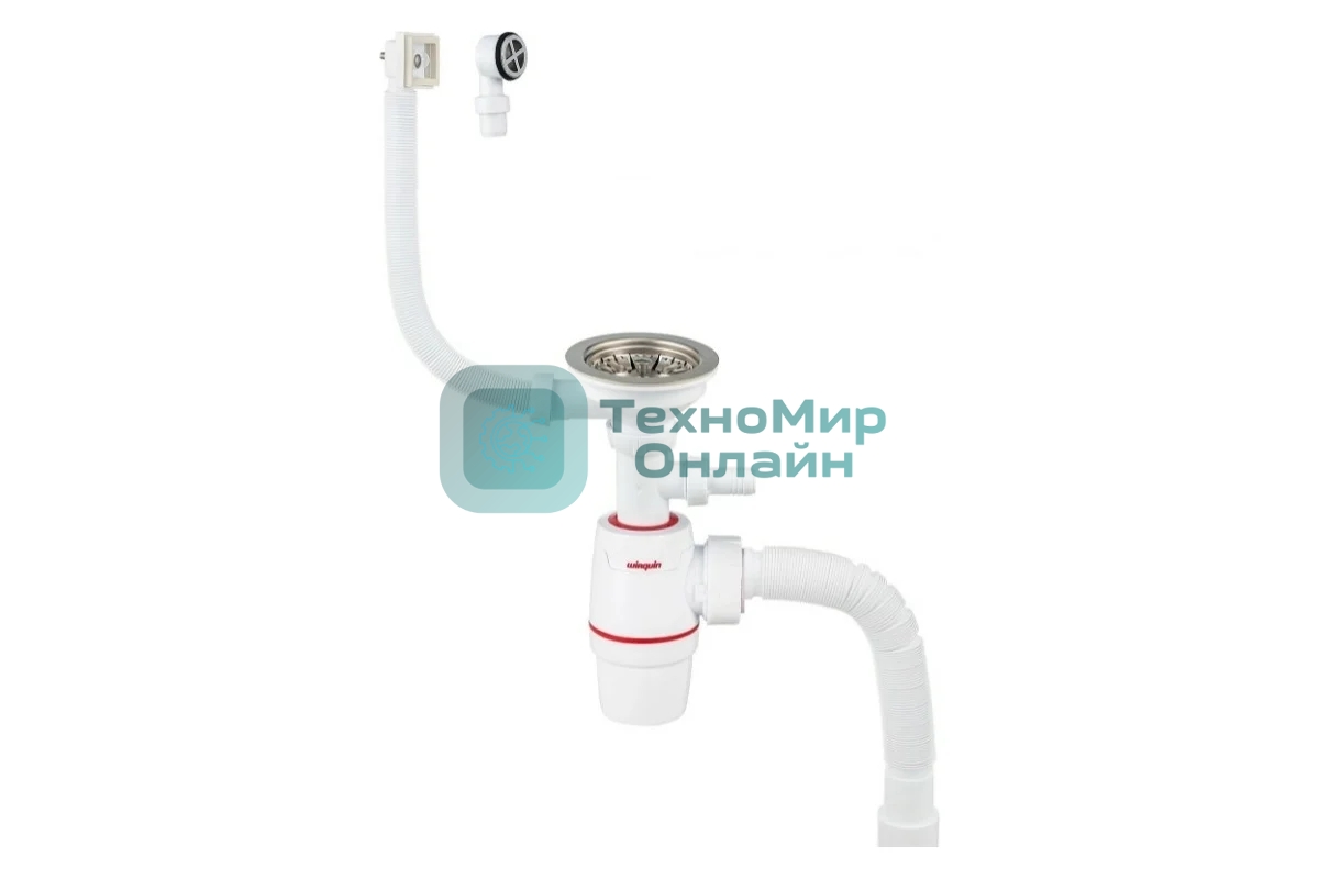 Сифон WIRQUIN NEO с нерж. чашкой D114мм, отводом для ст.м.,с универс. переливом,гофротрубой L800мм