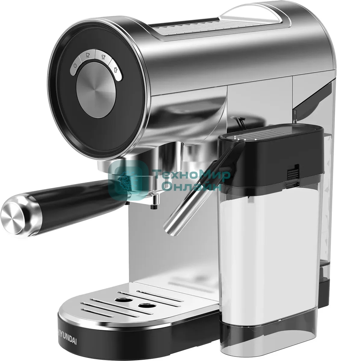 Кофеварка рожковая Hyundai HEM-4305 серебристый/черный, исп. кофе - молотый, 0.9 л, 1350 Вт, 20 бар