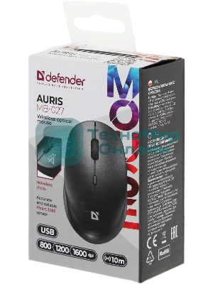 Мышь беспроводная Defender Auris MB-027 черный, 1600 dpi, радиоканал, USB, кнопки - 4