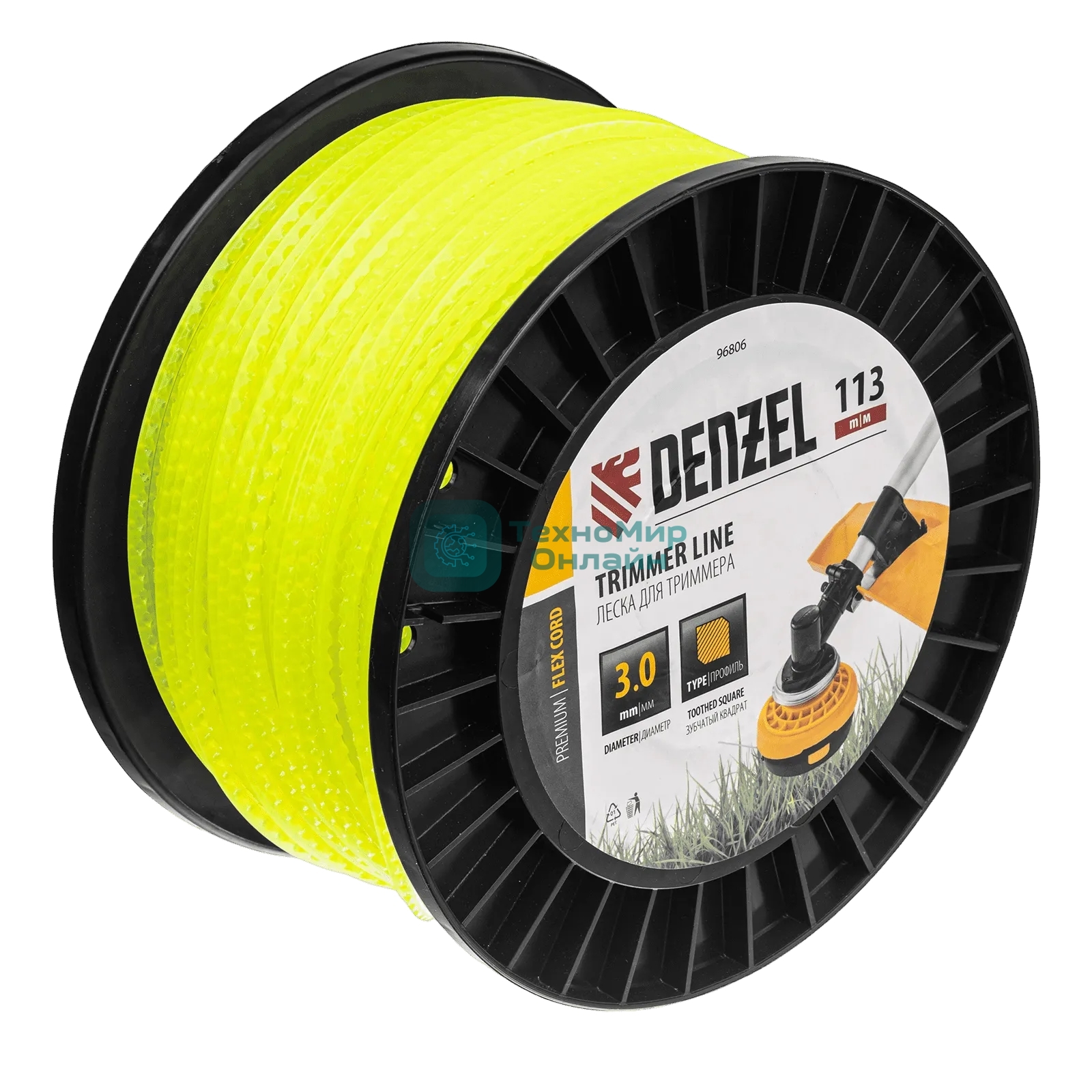 Леска для триммера Denzel зубчатый квадрат, 3,0мм х 113м, на DIN катушке FLEX CORD