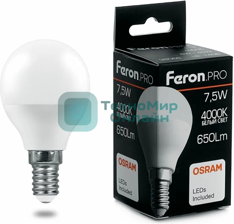 Лампа светодиодная Feron PRO LB-1407 (38072) 7.5Вт Е14 белый матовый шар