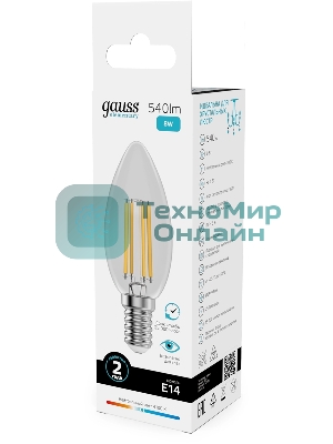 Лампа светодиодная филаментная Gauss Filament 8Вт цок.: E14 свеча св. свеч. бел. нейт. (упак.: 10 шт)