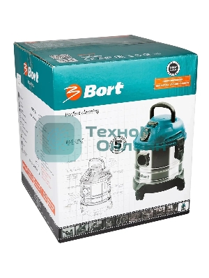 Строительный пылесос Bort BSS-1015 голубой/серебристый, 285/1250 Вт, уборка сухая/влажная, пылесборник контейнер, 15 л